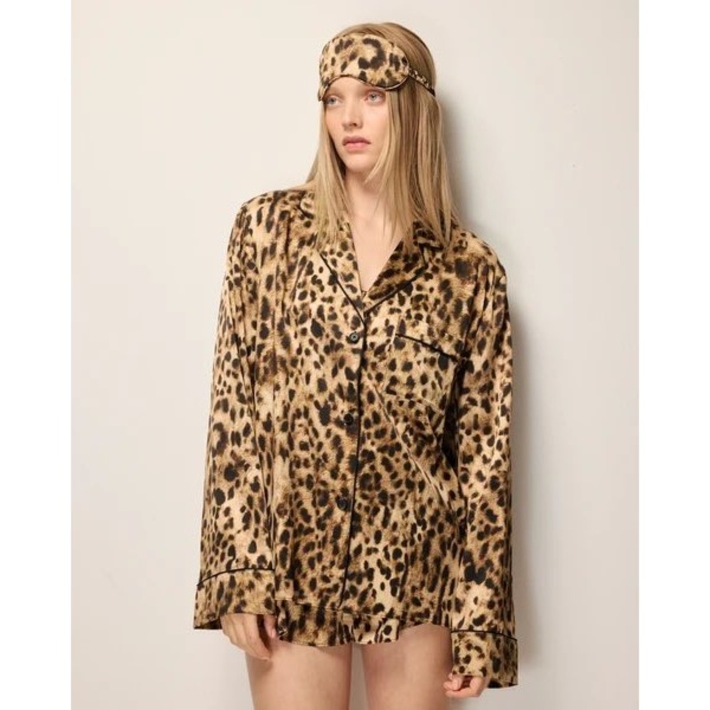 Khy Leopard Print Silk Pajama Shirt Luxury Button Up Loungewear Satin Women Med?